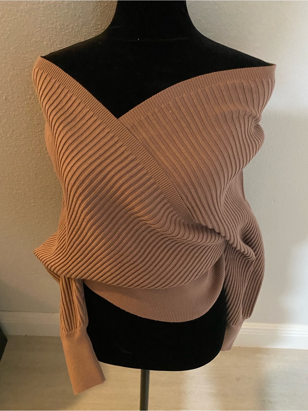 Hope Horizon” Off-Shoulder Ribbed Wrap Sweater in Taupe